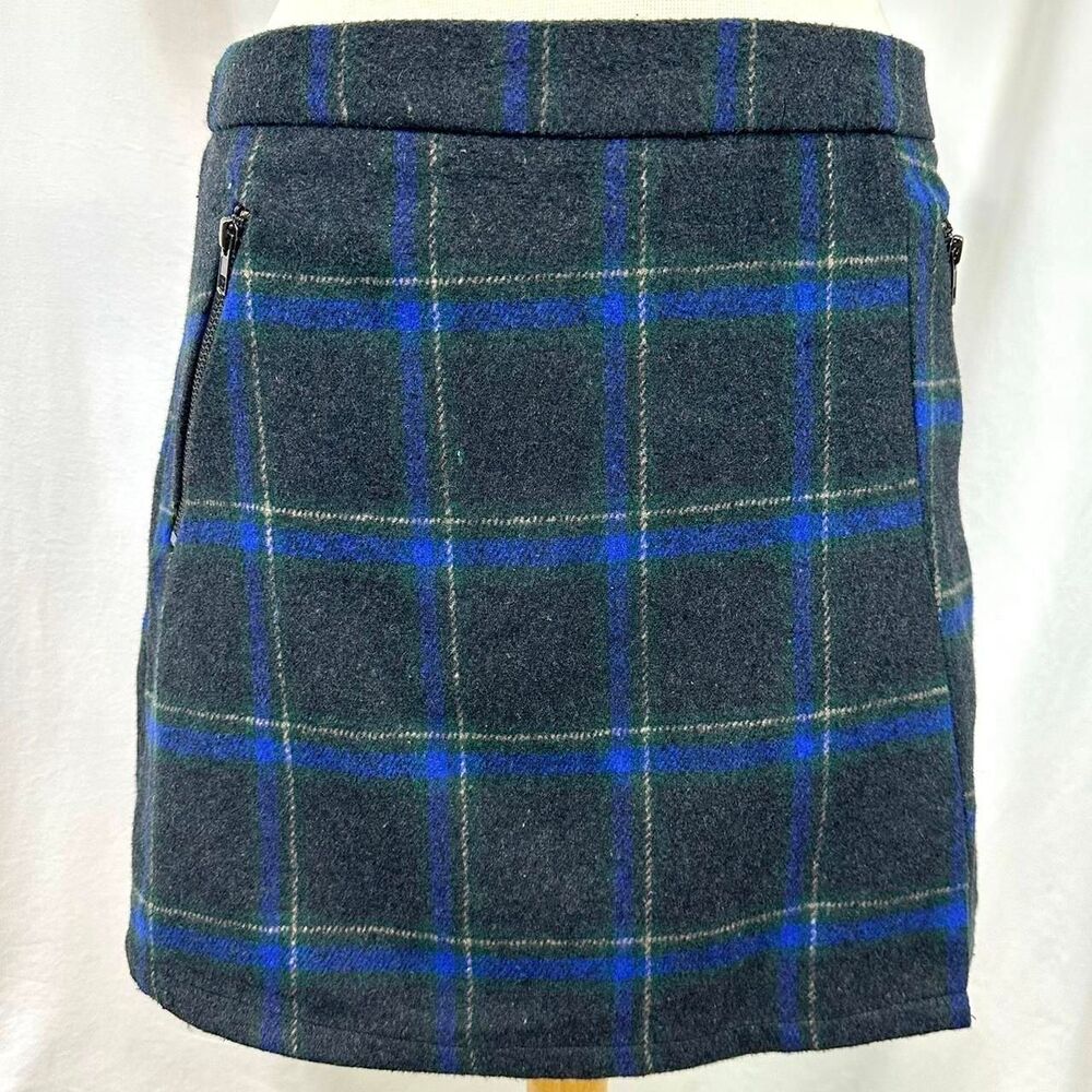 Dee Dee Wool Gray Blue Plaid Mini Skirt Pockets Side Slit Womens L Preppy Grunge